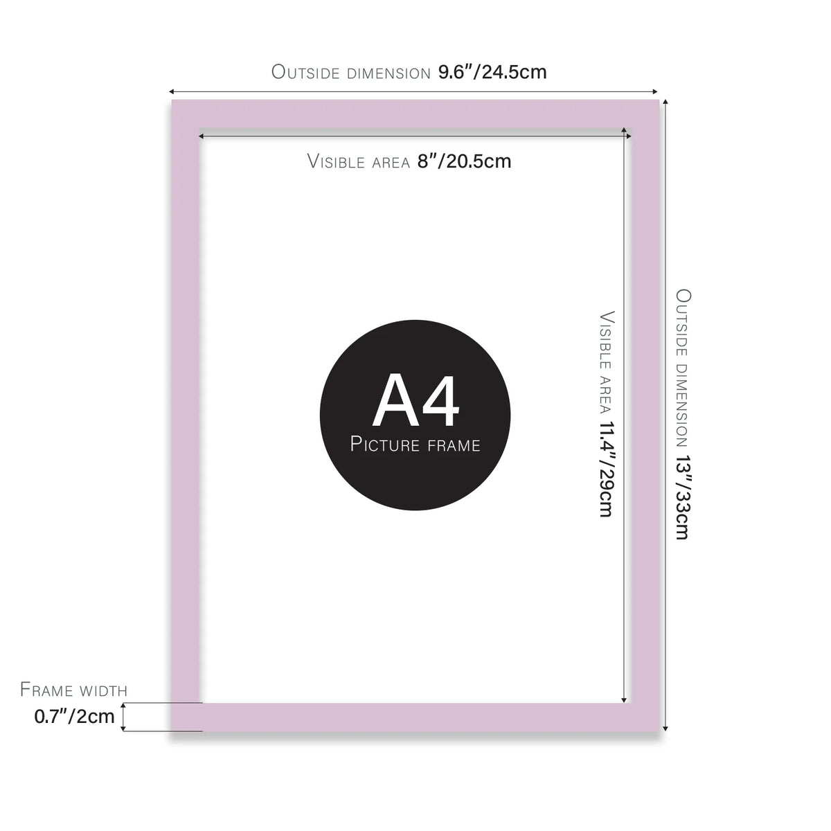 Lilac A4 picture frame with dimensions shown