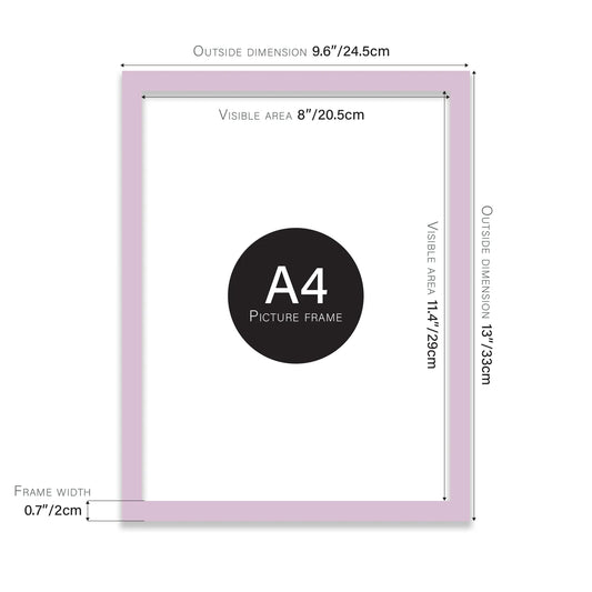 Lilac A4 picture frame with dimensions shown