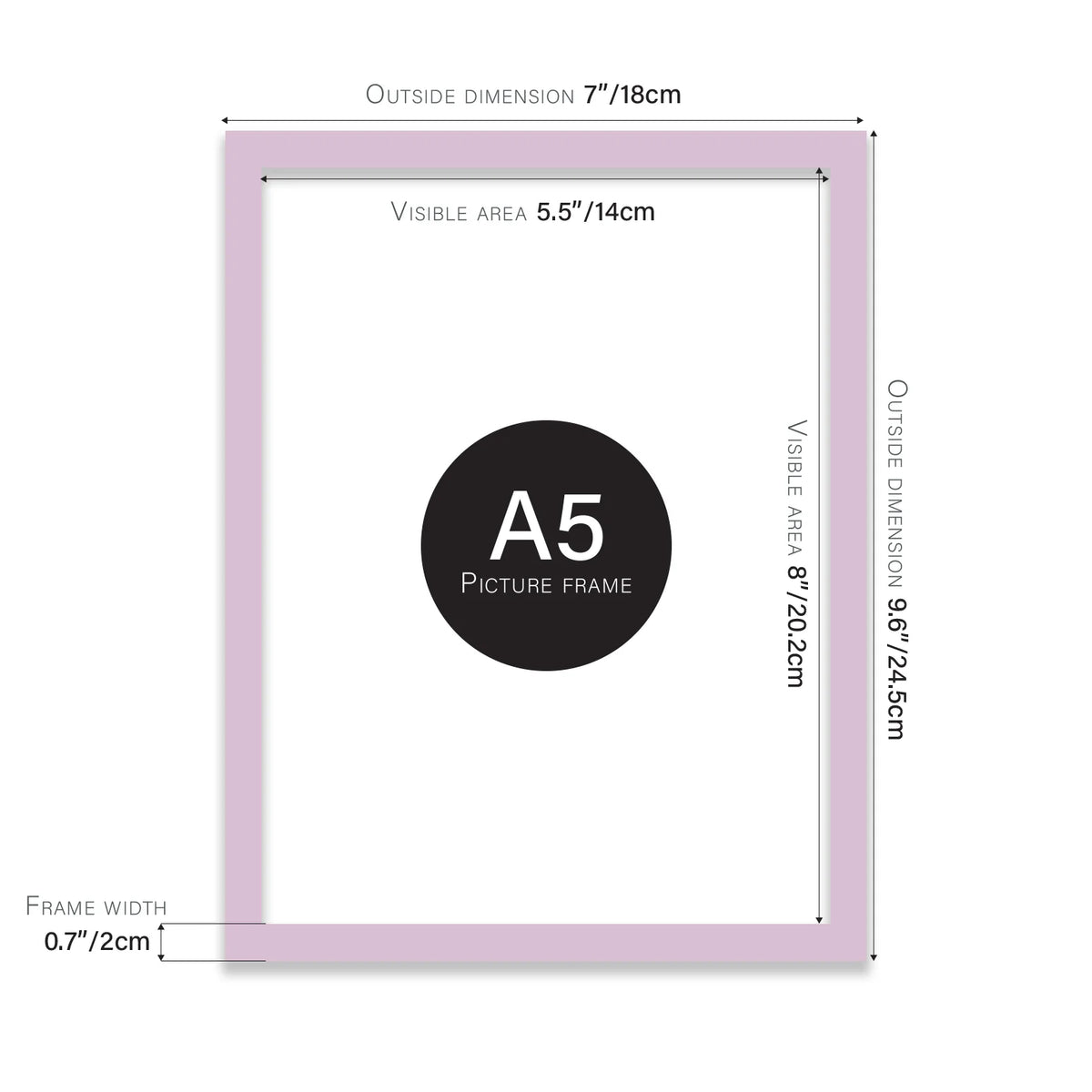 Lilac A5 picture frame with dimensions shown