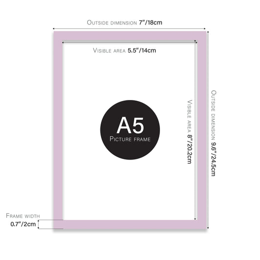 Lilac A5 picture frame with dimensions shown