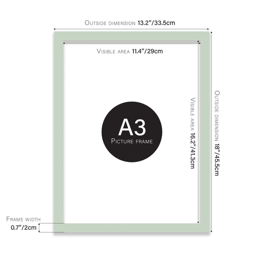 Duck egg green A3 picture frame with dimensions shown
