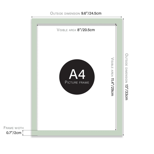 Duck egg green A4 picture frame with dimensions shown