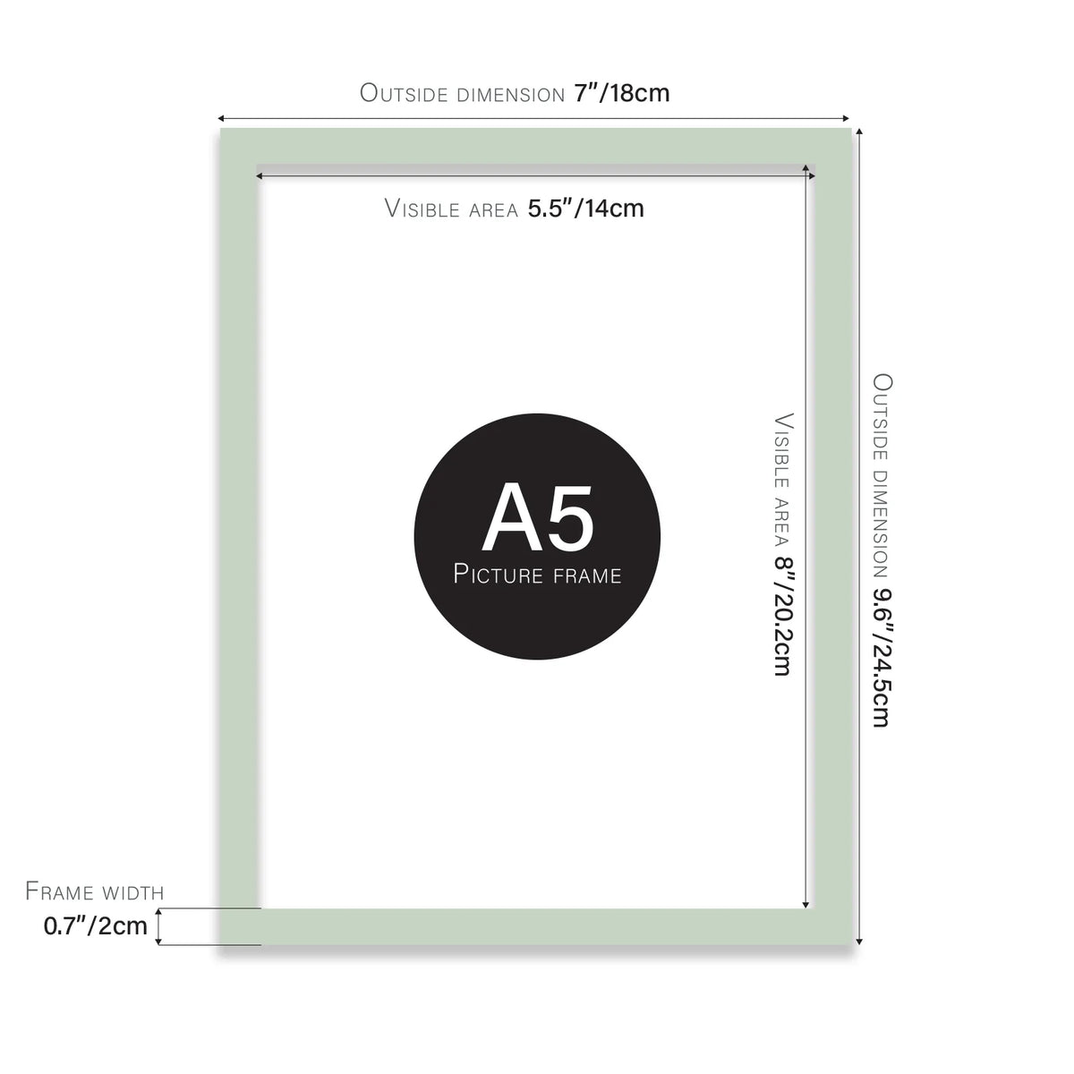 Duck egg green A5 picture frame with its measurements