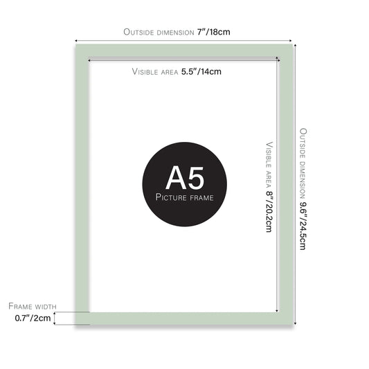 Duck egg green A5 picture frame with its measurements