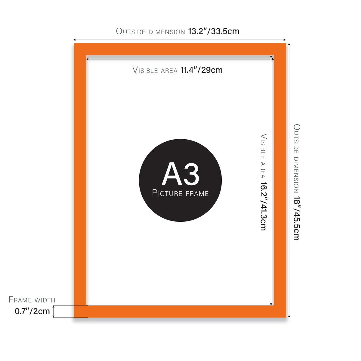 Orange A3 picture frame with dimensions shown