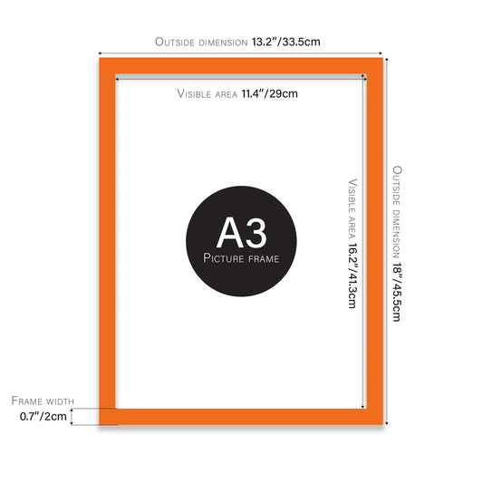 Orange A3 picture frame with dimensions shown