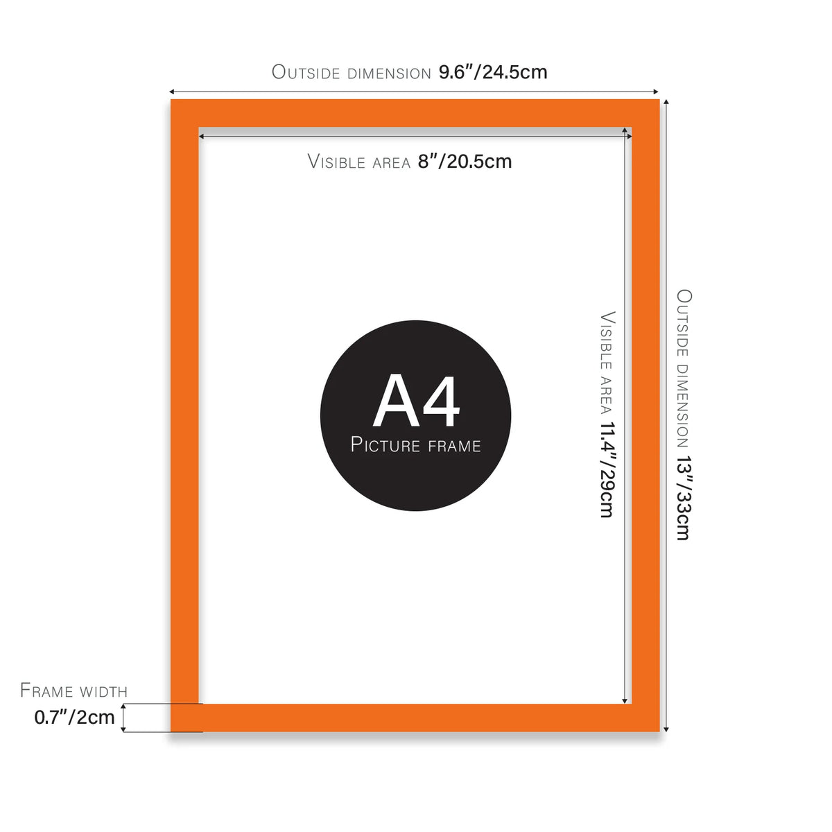 Orange A4 picture frame with dimensions shown