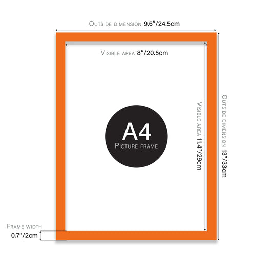 Orange A4 picture frame with dimensions shown