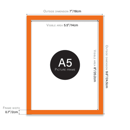 Orange A5 picture frame with dimensions shown