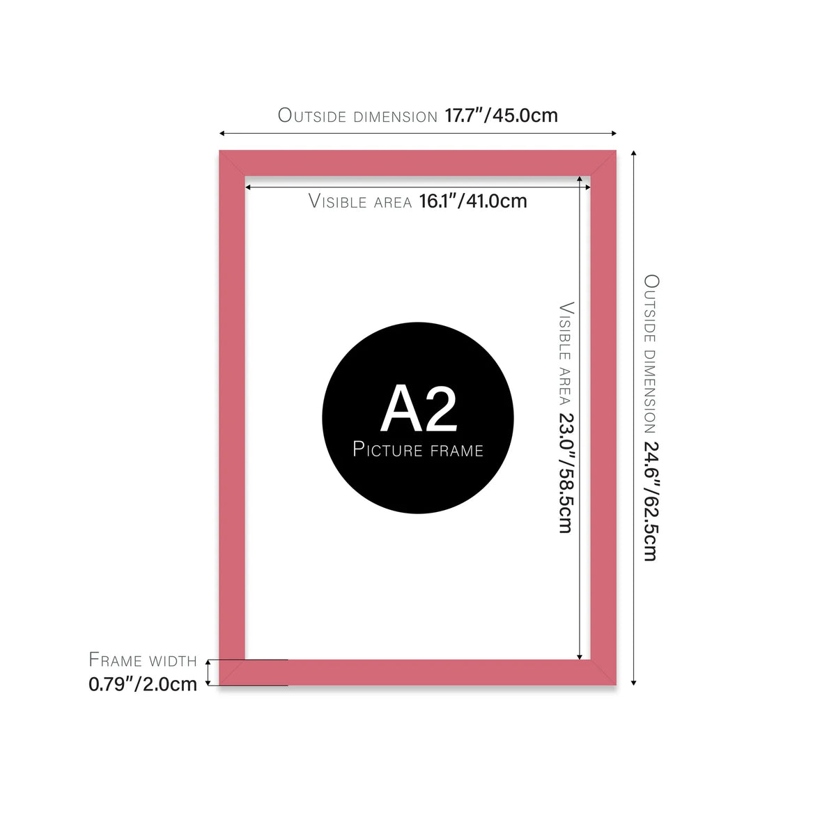 Pink A2 picture frame with dimensions shown