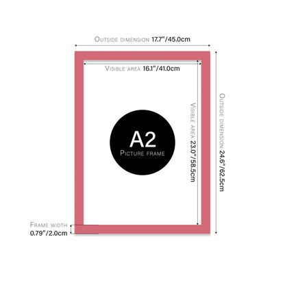 Pink A2 picture frame with dimensions shown