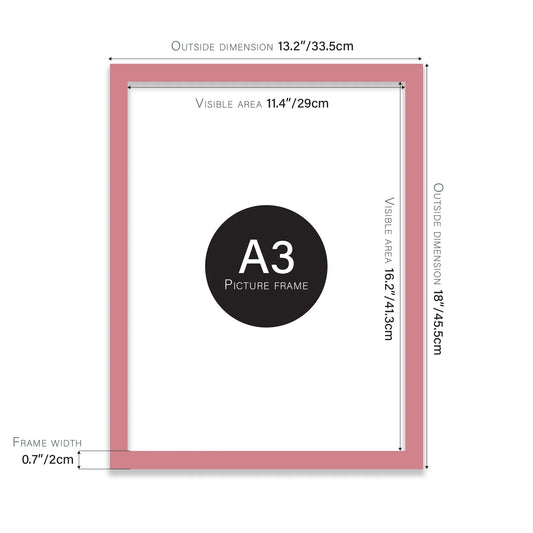 Pink A3 picture frame with dimensions shown