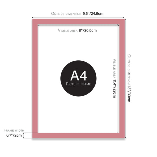 Pink A4 picture frame with dimensions shown