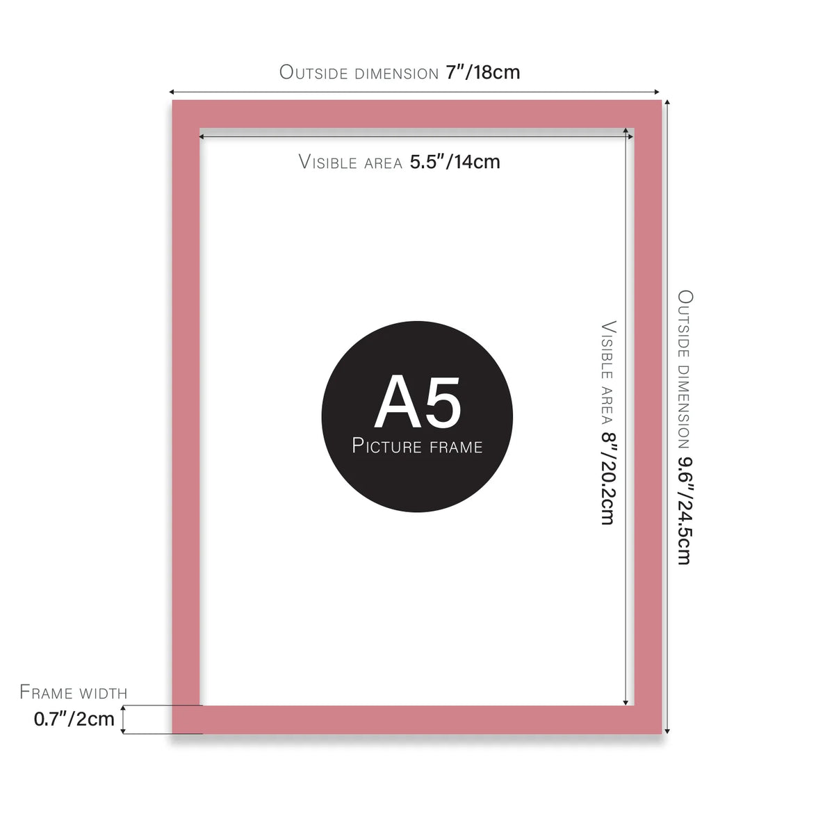 Pink A5 picture frame with dimensions shown