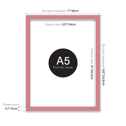 Pink A5 picture frame with dimensions shown