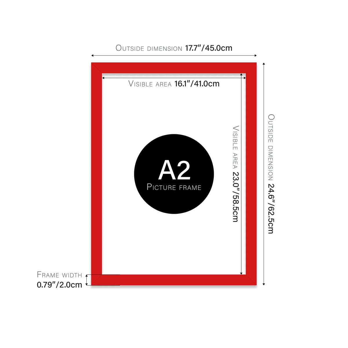 Red A2 picture frame with dimensions shown