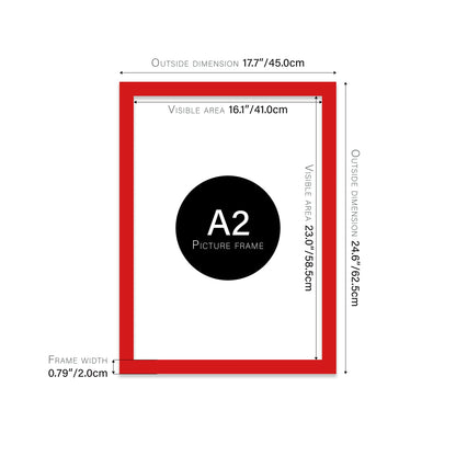 Red A2 picture frame with dimensions shown