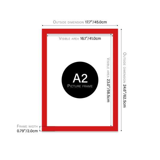 Red A2 picture frame with dimensions shown