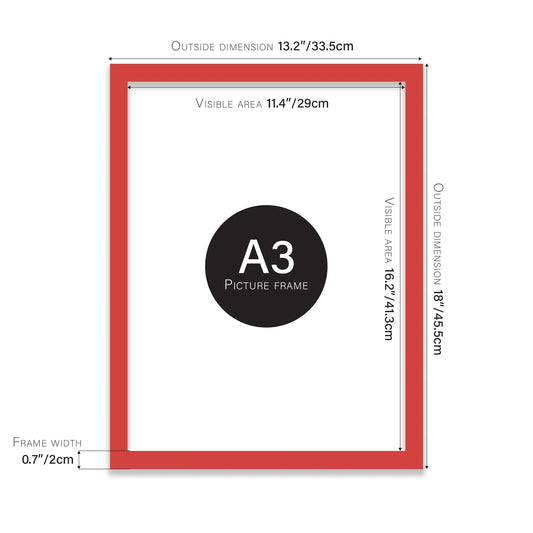 Red A3 picture frame with dimensions shown