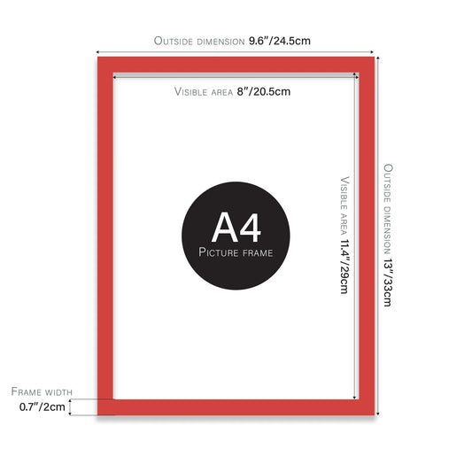 Red A4 picture frame with dimensions shown