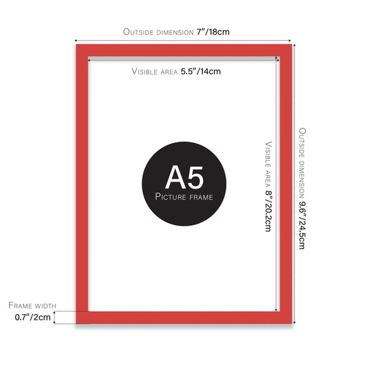 Red A5 picture frame with dimensions shown