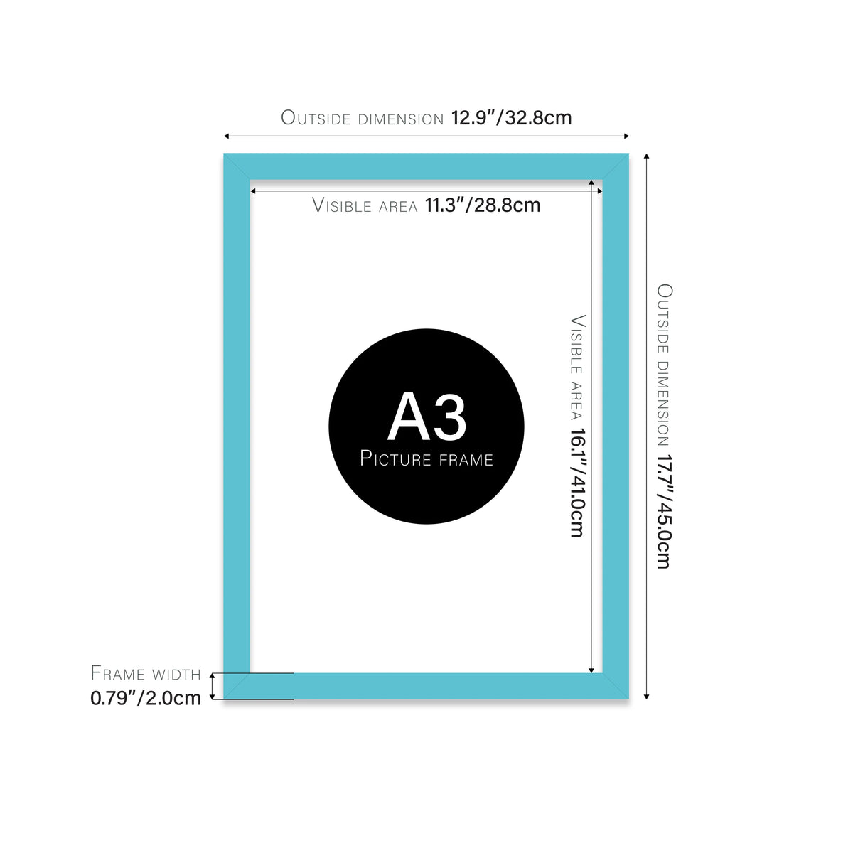Turquoise A3 picture frame with dimensions shown
