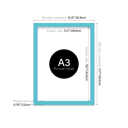 Turquoise A3 picture frame with dimensions shown