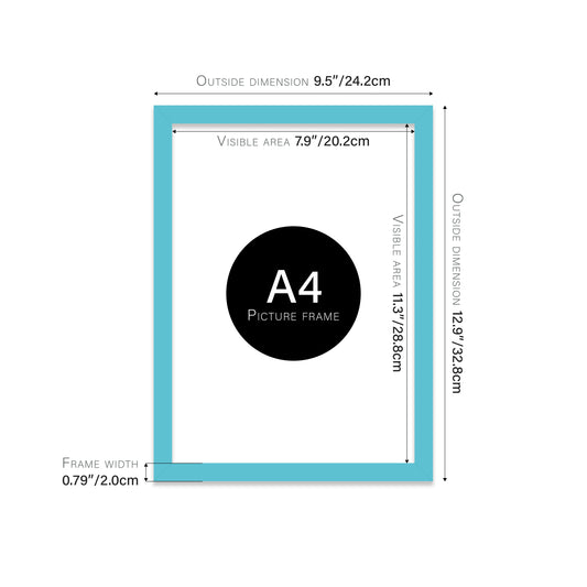 Turquoise A4 picture frame with dimensions shown