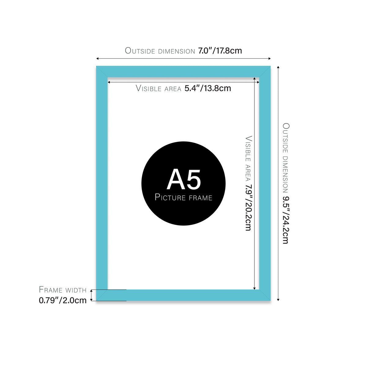 Turquoise A5 picture frame with dimensions shown