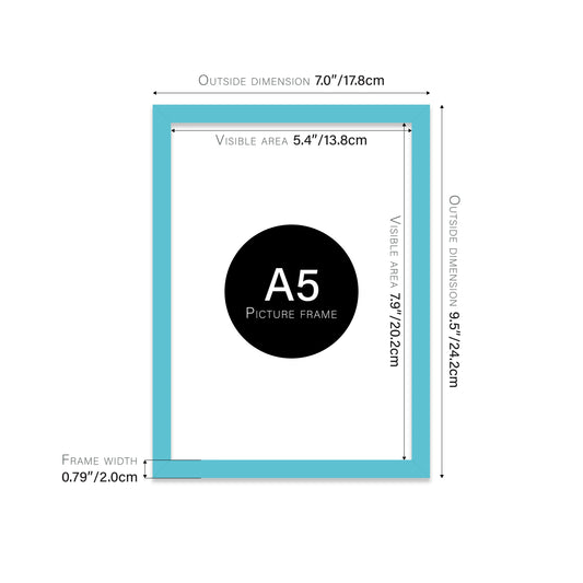 Turquoise A5 picture frame with dimensions shown