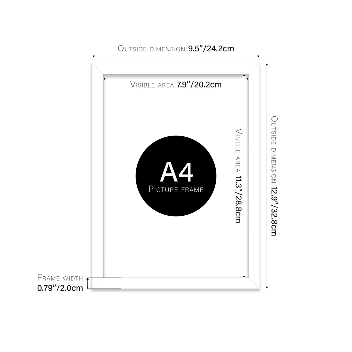 White A4 picture frame with dimensions shown