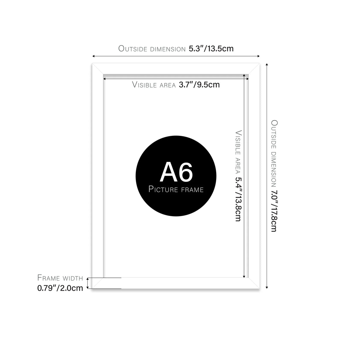 White A6 picture frame with dimensions shown
