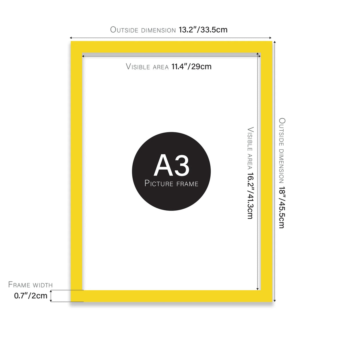 Yellow A3 picture frame with its measurements
