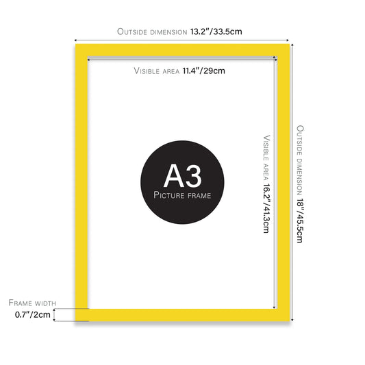 Yellow A3 picture frame with its measurements