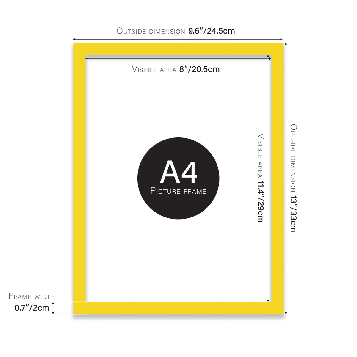 Yellow A4 picture frame with dimensions shown