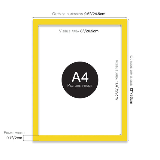 Yellow A4 picture frame with dimensions shown
