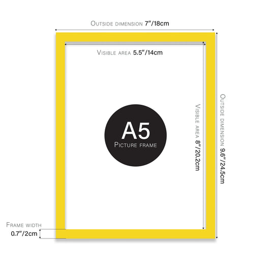 Yellow A5 picture frame with dimensions shown