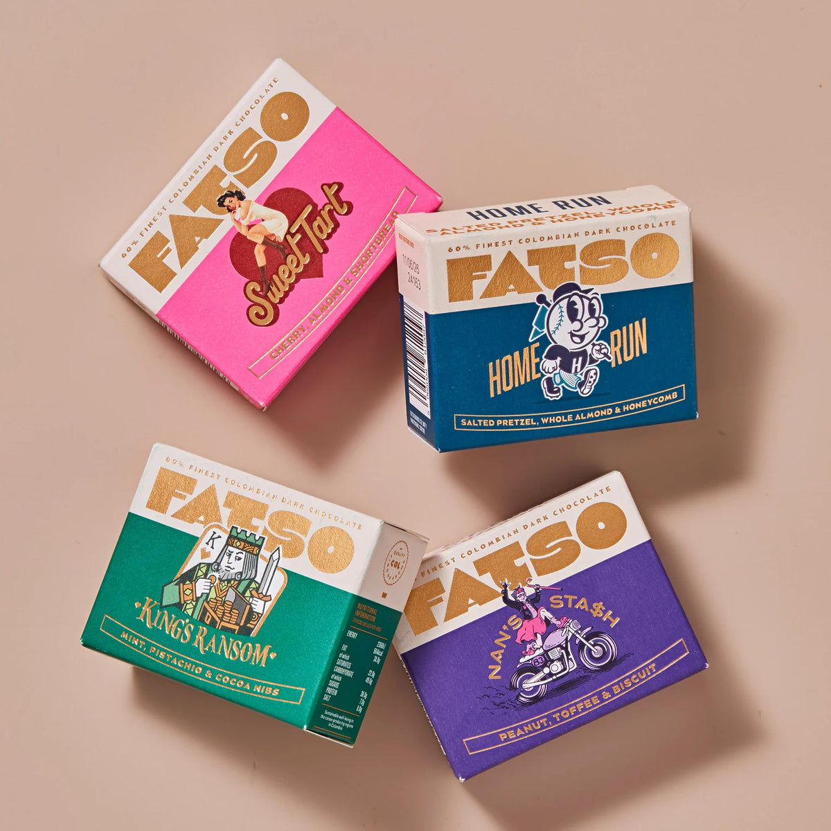 Four Fatso chocolate bars in colourful boxes on a pink background