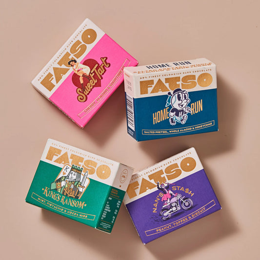 Four Fatso chocolate bars in colourful boxes on a pink background