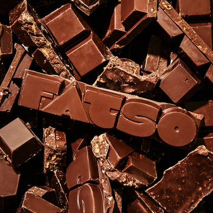 Close-up of broken Fatso chocolate pieces
