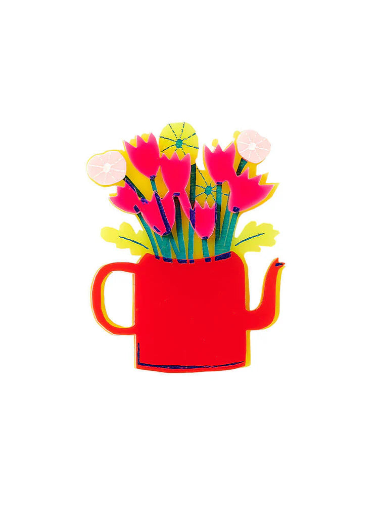 Tatty Devine x The Printed Peanut brooch: a red teapot filled with pink flowers