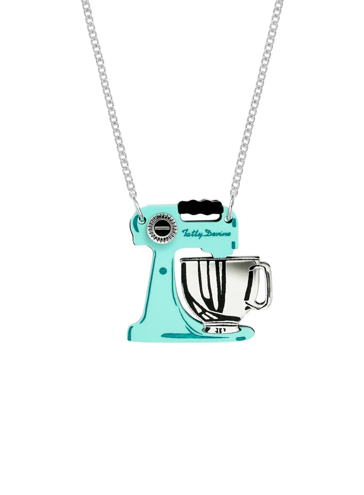 Tatty Devine food mixer necklace: a mint green stand mixer with a silver bowl