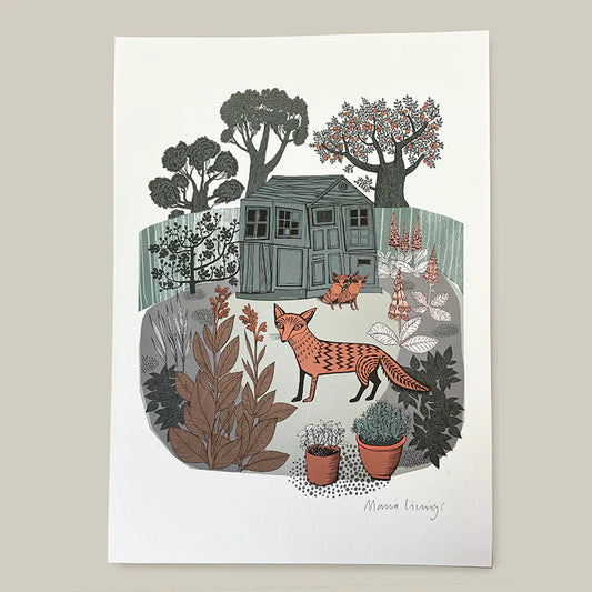 Lush Designs A3 print: a fox in a garden in front of a shed