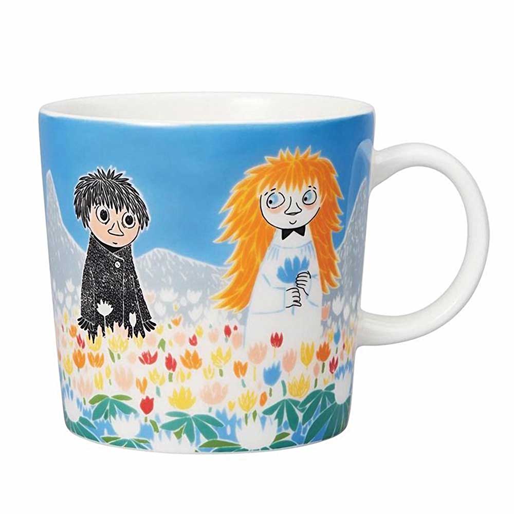 Blue Moomin Friendship mug with Too-ticky and a friend in a flower meadow