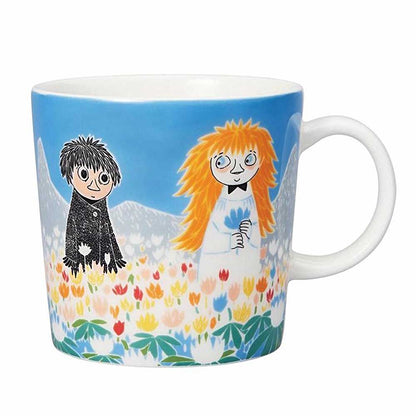 Blue Moomin Friendship mug with Too-ticky and a friend in a flower meadow