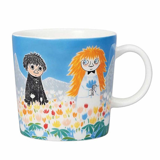 Blue Moomin Friendship mug with Too-ticky and a friend in a flower meadow