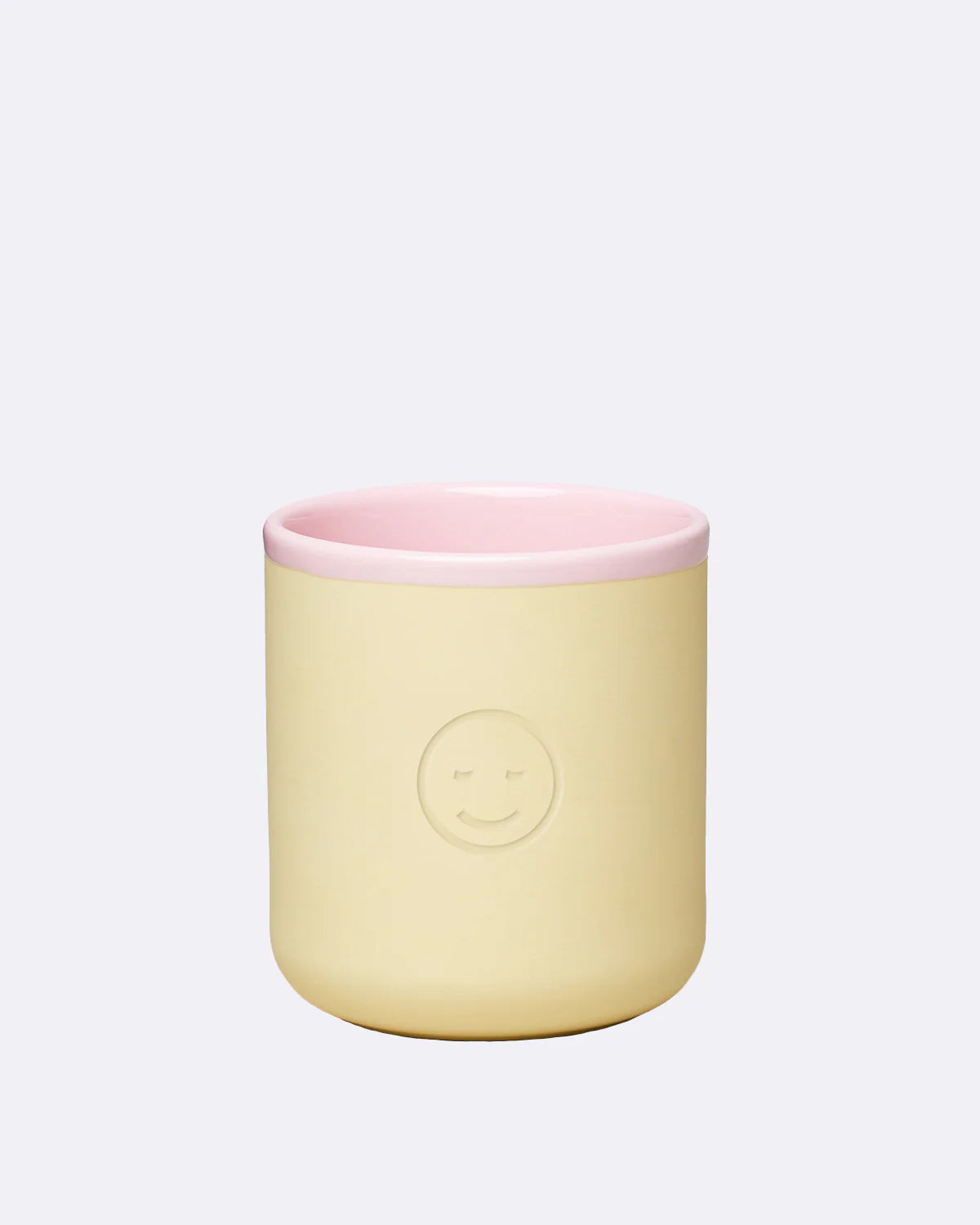 Chic Mic pale yellow cup with a pink rim and embossed smiley face