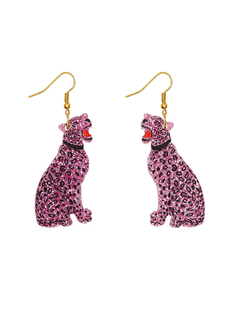 Tatty Devine pink glitter leopard earrings