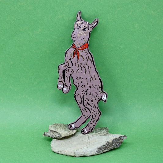 Ark dusty pink goat bookmark with a red neckerchief, standing on a rock