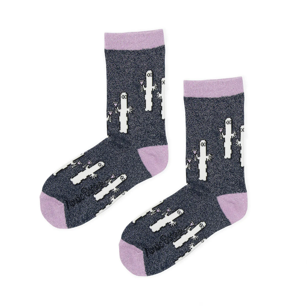 Nordic Buddies women's socks in sparkly navy with Hattifatteners and lilac heels and toes